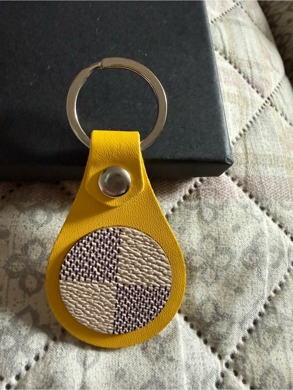 Source Unknown Yellow Repurposed designer Leather Key fob with LV Beige Check